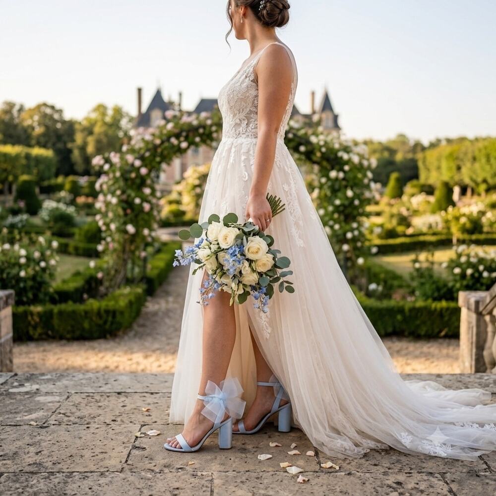 Something Blue Wedding Shoes Venita Aspen Gianni Bini Whimsy Heels w/Tulle Bows